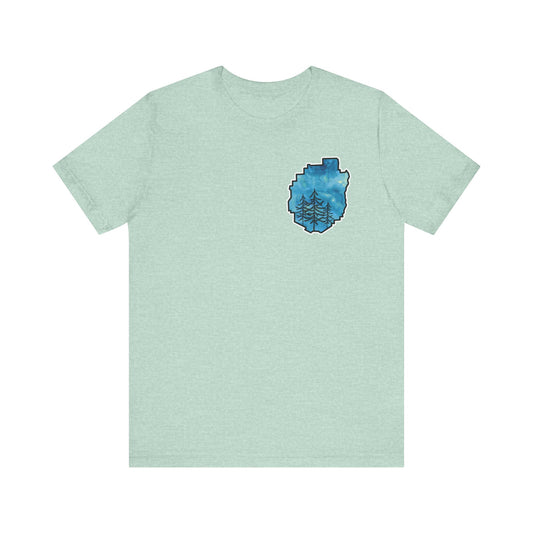 Adirondack Park Watercolor T-Shirt – Pine Tree Silhouette Design, Blue Watercolor| Bella+Canvas Tee