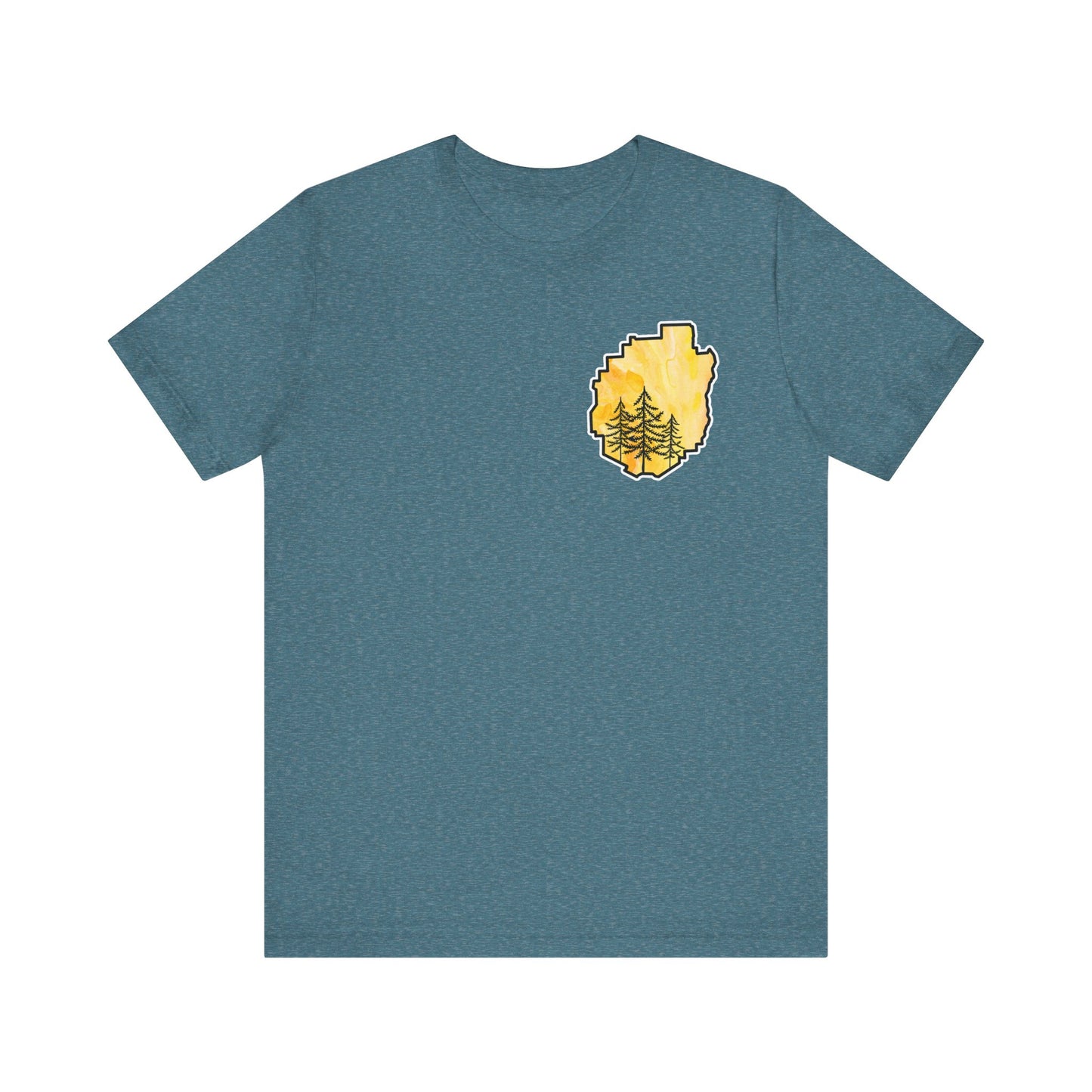 Adirondack Park Watercolor T-Shirt – Pine Tree Silhouette Design, Yellow Watercolor| Bella+Canvas Tee