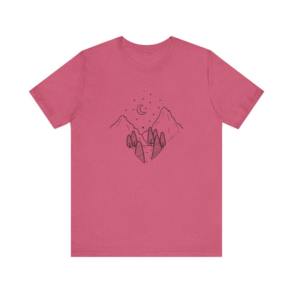 Minimalist Mountain & Moon T-Shirt – Line Art Nature Scene | Bella+Canvas Tee