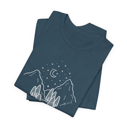 Minimalist Mountain & Moon T-Shirt – Line Art Nature Scene | Bella+Canvas Tee