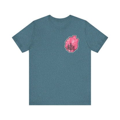 Adirondack Park Watercolor T-Shirt – Pine Tree Silhouette Design, Pink Watercolor| Bella+Canvas Tee