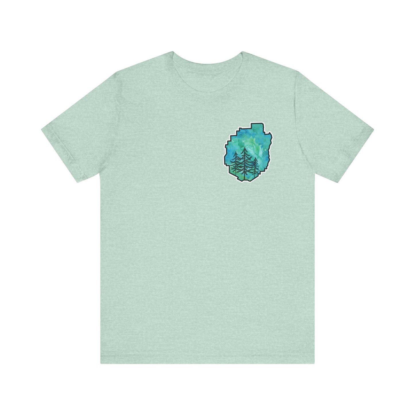Adirondack Park Watercolor T-Shirt – Pine Tree Silhouette Design, Green Watercolor| Bella+Canvas Tee