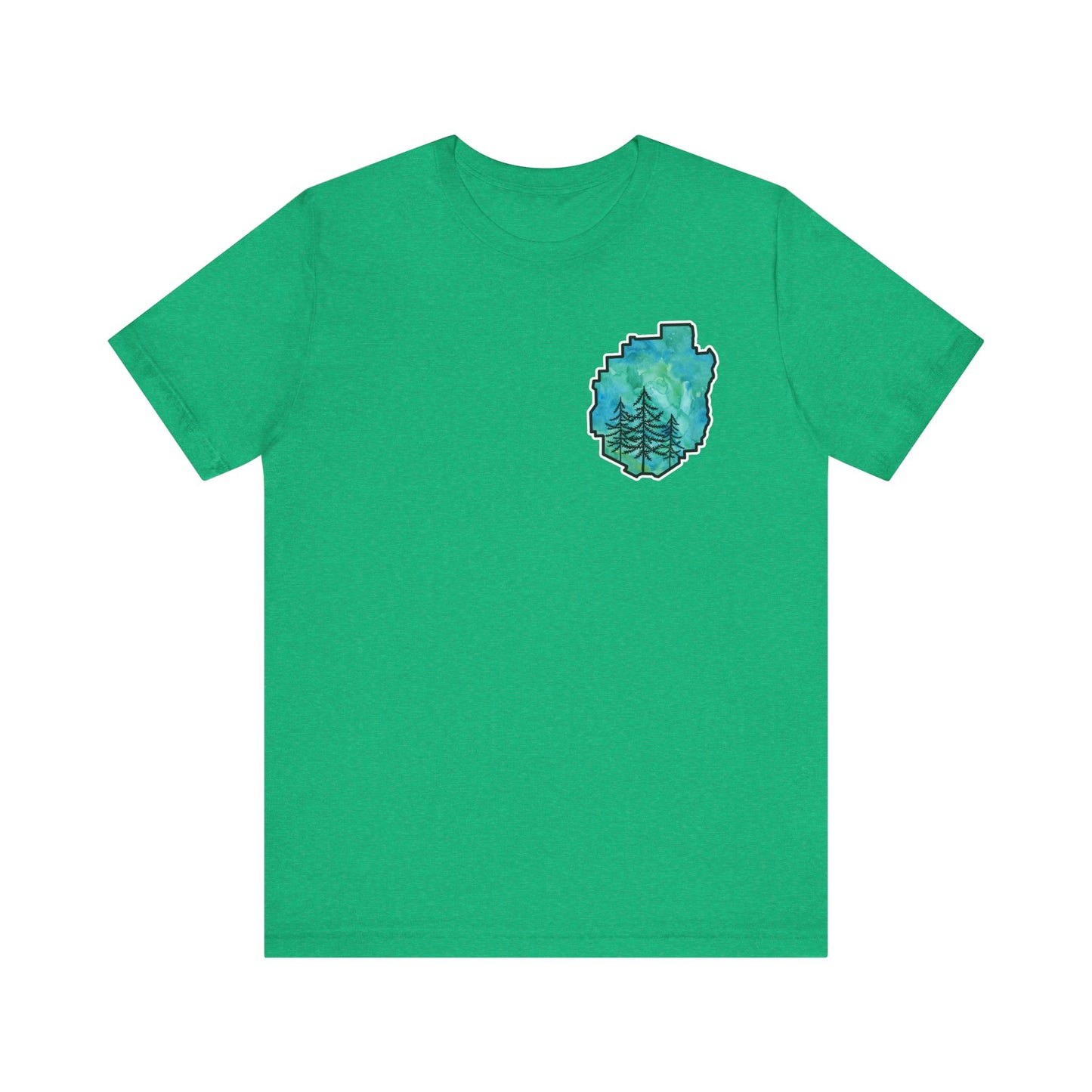 Adirondack Park Watercolor T-Shirt – Pine Tree Silhouette Design, Green Watercolor| Bella+Canvas Tee