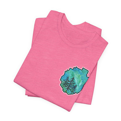 Adirondack Park Watercolor T-Shirt – Pine Tree Silhouette Design, Green Watercolor| Bella+Canvas Tee