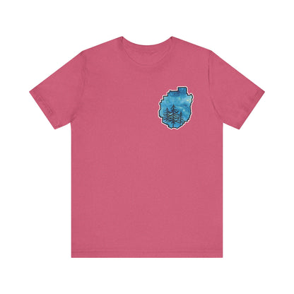 Adirondack Park Watercolor T-Shirt – Pine Tree Silhouette Design, Blue Watercolor| Bella+Canvas Tee