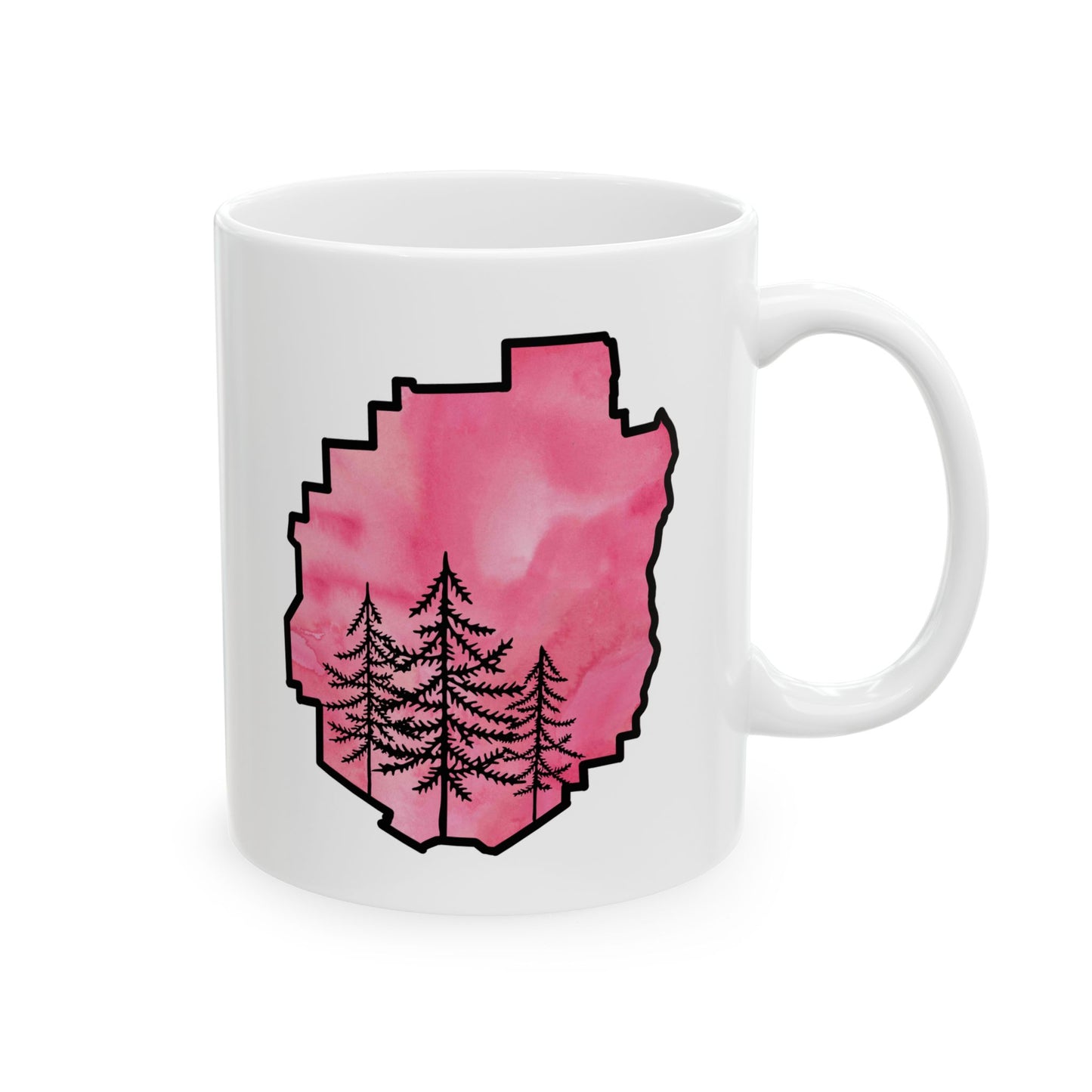 Adirondack Park Watercolor Mug – Pine Tree Forest Pink Watercolor Design  (11 oz or 15 oz)
