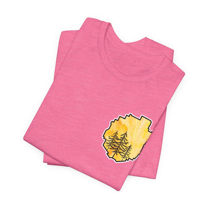 Adirondack Park Watercolor T-Shirt – Pine Tree Silhouette Design, Yellow Watercolor| Bella+Canvas Tee
