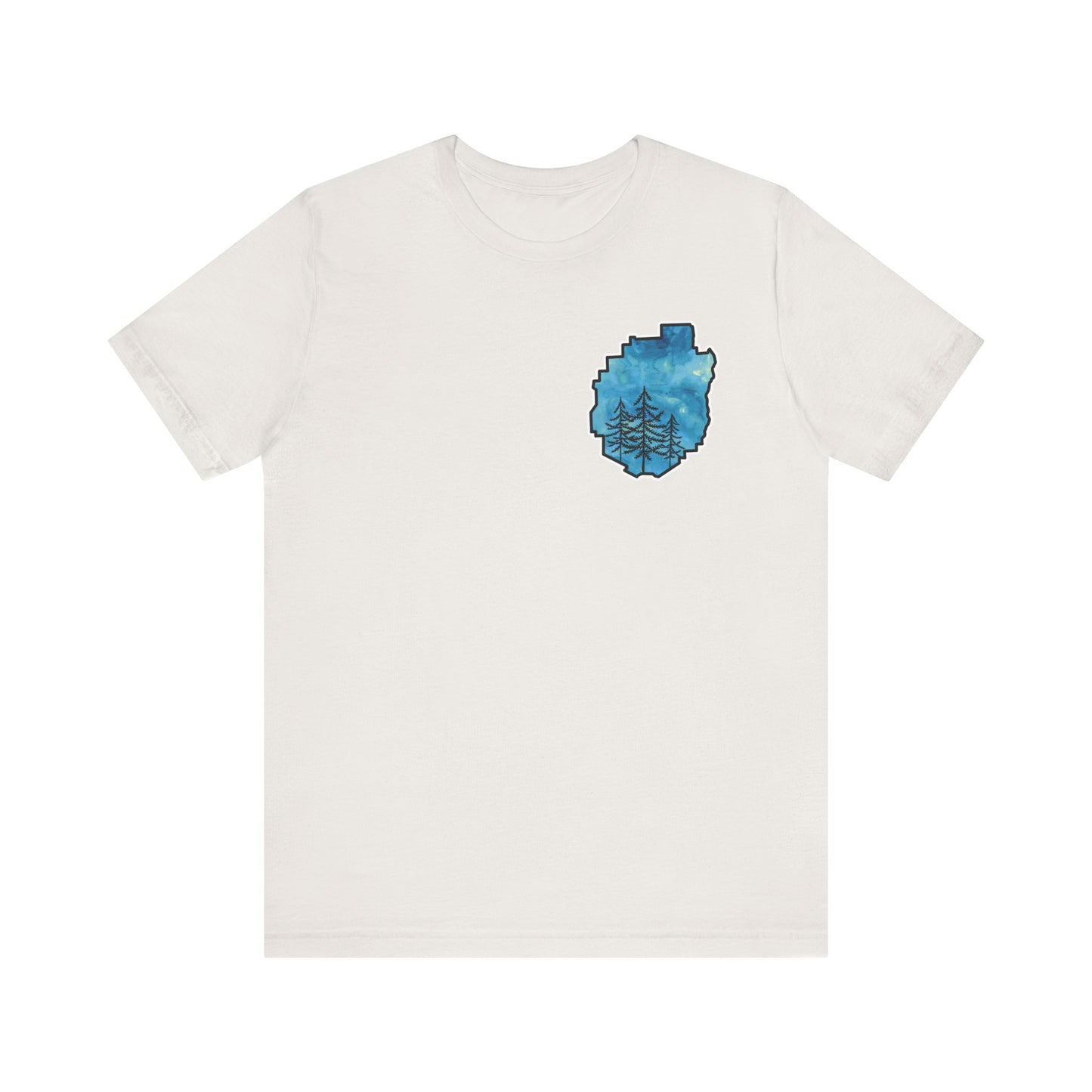 Adirondack Park Watercolor T-Shirt – Pine Tree Silhouette Design, Blue Watercolor| Bella+Canvas Tee