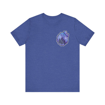 Adirondack Park Watercolor T-Shirt – Pine Tree Silhouette Design, Purple Watercolor| Bella+Canvas Tee
