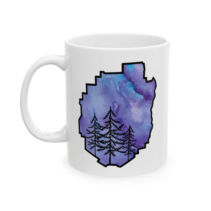 Adirondack Park Watercolor Mug – Pine Tree Forest Purple Watercolor Design  (11 oz or 15 oz)