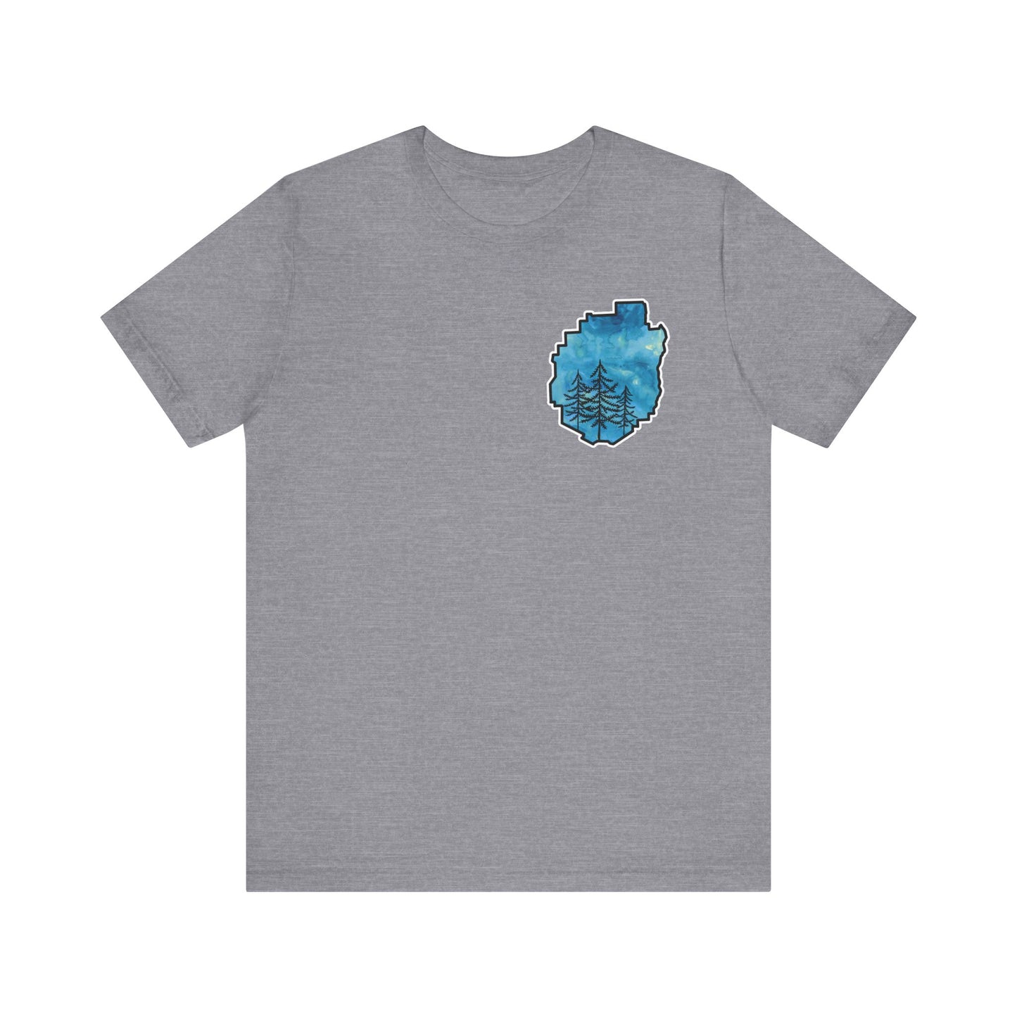 Adirondack Park Watercolor T-Shirt – Pine Tree Silhouette Design, Blue Watercolor| Bella+Canvas Tee