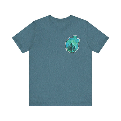 Adirondack Park Watercolor T-Shirt – Pine Tree Silhouette Design, Green Watercolor| Bella+Canvas Tee