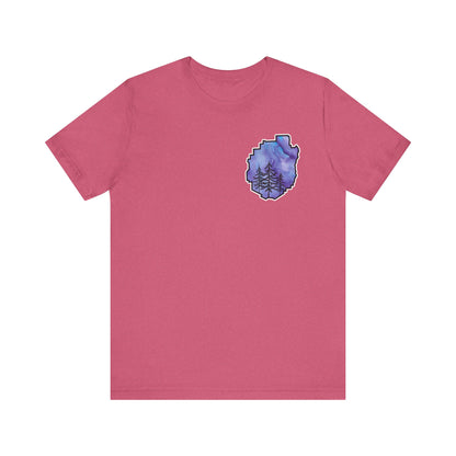 Adirondack Park Watercolor T-Shirt – Pine Tree Silhouette Design, Purple Watercolor| Bella+Canvas Tee