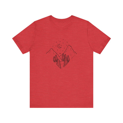 Minimalist Mountain & Moon T-Shirt – Line Art Nature Scene | Bella+Canvas Tee