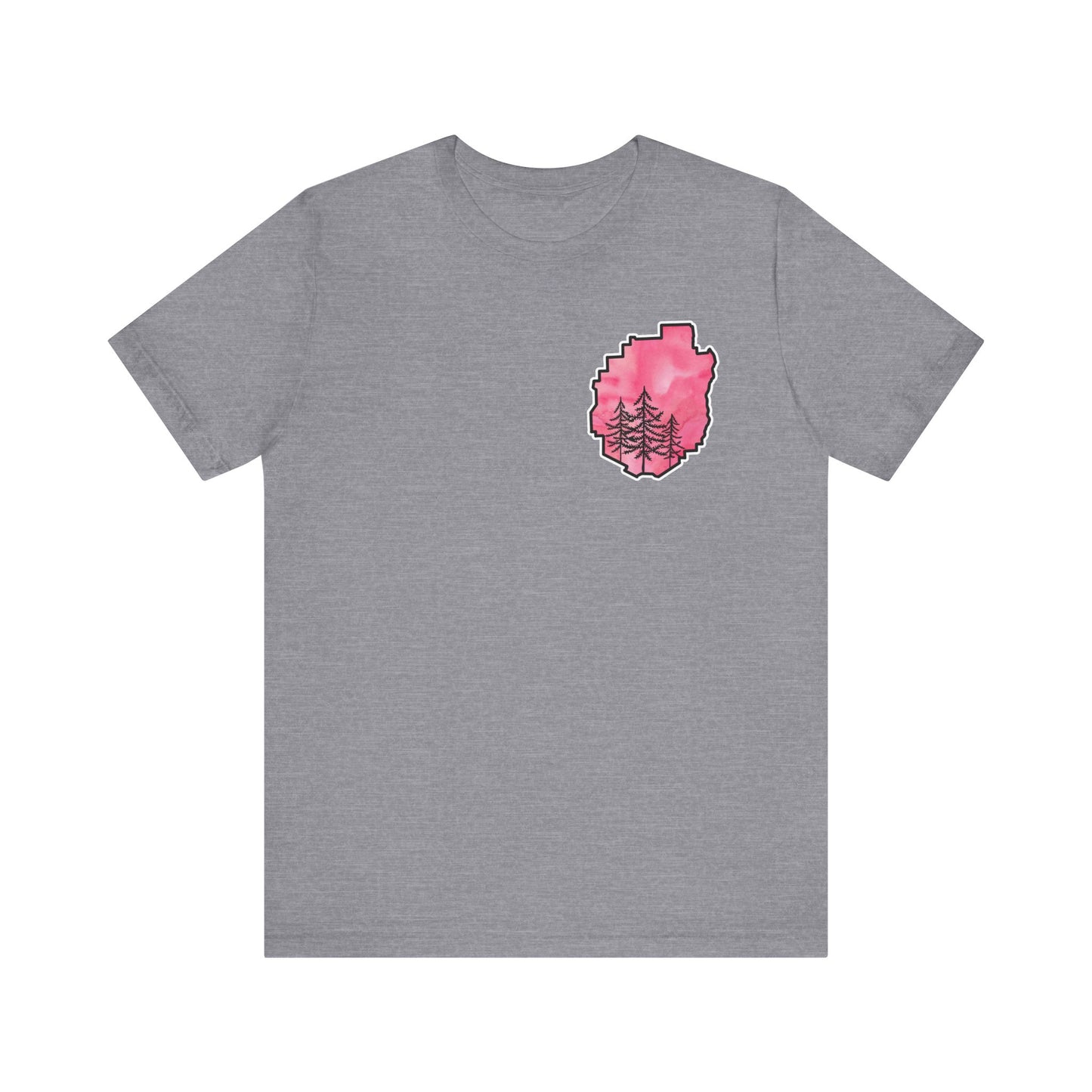Adirondack Park Watercolor T-Shirt – Pine Tree Silhouette Design, Pink Watercolor| Bella+Canvas Tee