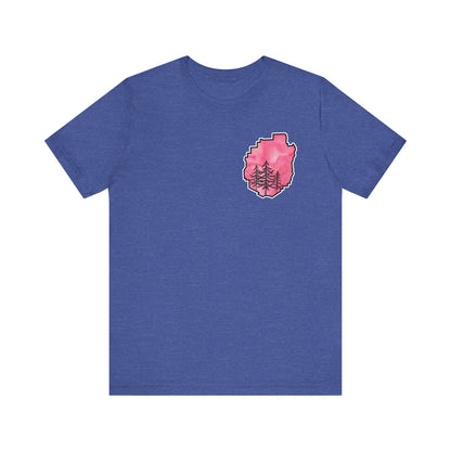 Adirondack Park Watercolor T-Shirt – Pine Tree Silhouette Design, Pink Watercolor| Bella+Canvas Tee