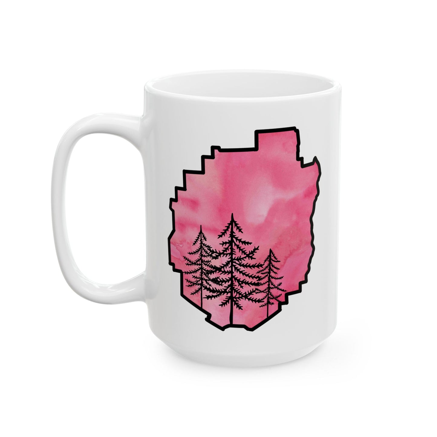 Adirondack Park Watercolor Mug – Pine Tree Forest Pink Watercolor Design  (11 oz or 15 oz)