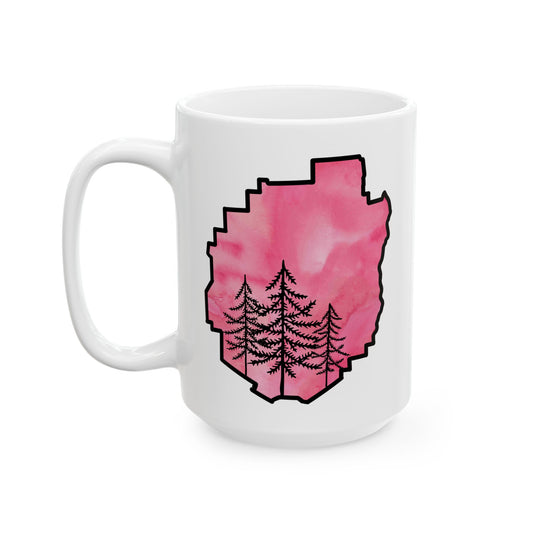 Adirondack Park Watercolor Mug – Pine Tree Forest Pink Watercolor Design  (11 oz or 15 oz)