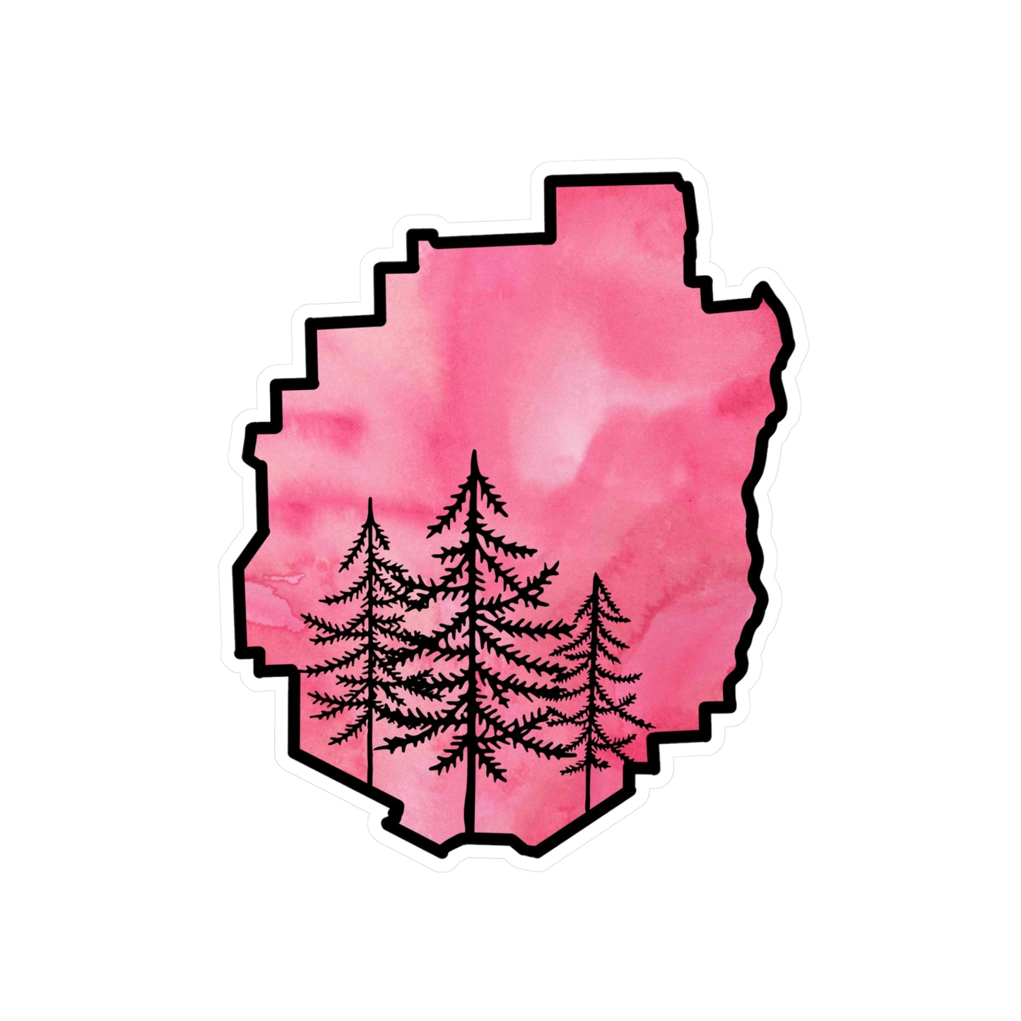Adirondack Park Pine Tree Silhouette Vinyl Sticker – Pink Watercolor – Car, Laptop Decal