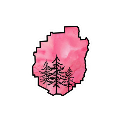 Adirondack Park Pine Tree Silhouette Vinyl Sticker – Pink Watercolor – Car, Laptop Decal