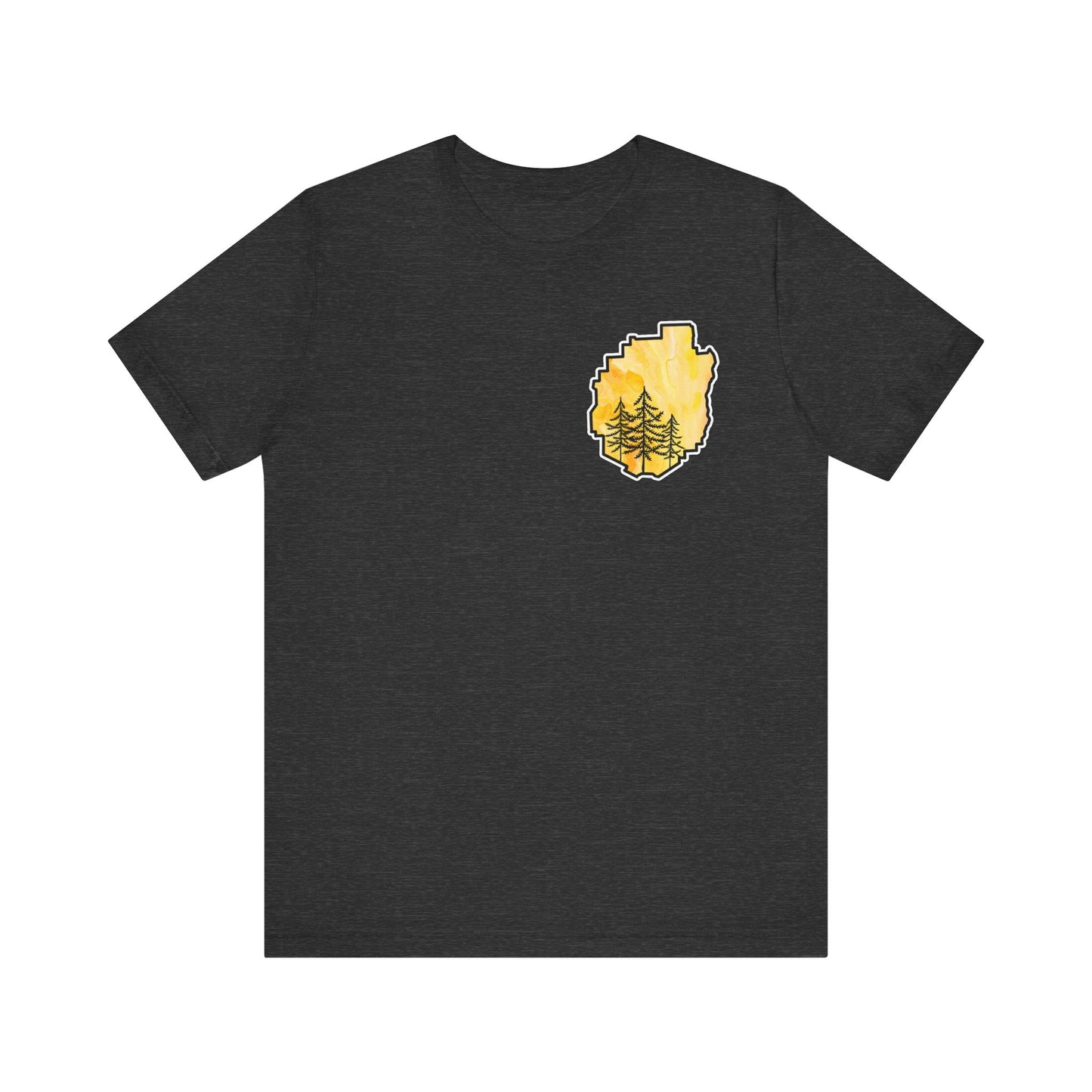 Adirondack Park Watercolor T-Shirt – Pine Tree Silhouette Design, Yellow Watercolor| Bella+Canvas Tee