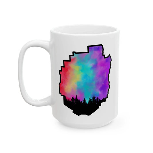 Adirondack Park Rainbow Watercolor Mug – Pine Tree Silhouette Design (11 oz or 15 oz)