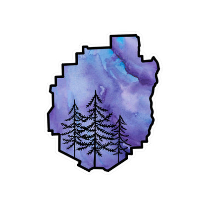 Adirondack Park Pine Tree Silhouette Vinyl Sticker – Purple Watercolor – Car, Laptop Decal