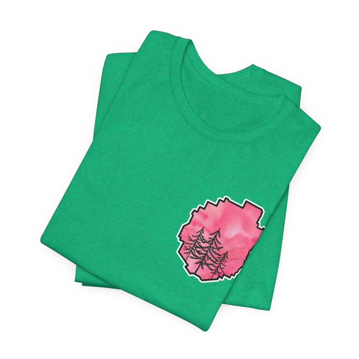 Adirondack Park Watercolor T-Shirt – Pine Tree Silhouette Design, Pink Watercolor| Bella+Canvas Tee