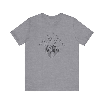 Minimalist Mountain & Moon T-Shirt – Line Art Nature Scene | Bella+Canvas Tee
