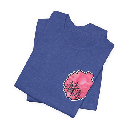 Adirondack Park Watercolor T-Shirt – Pine Tree Silhouette Design, Pink Watercolor| Bella+Canvas Tee