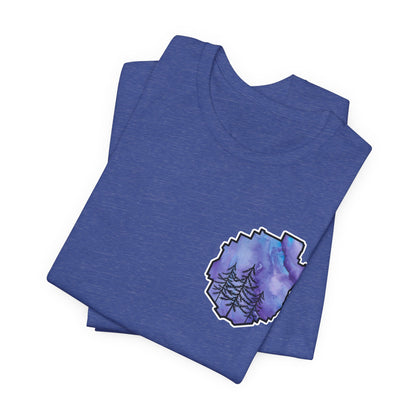 Adirondack Park Watercolor T-Shirt – Pine Tree Silhouette Design, Purple Watercolor| Bella+Canvas Tee