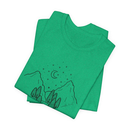 Minimalist Mountain & Moon T-Shirt – Line Art Nature Scene | Bella+Canvas Tee