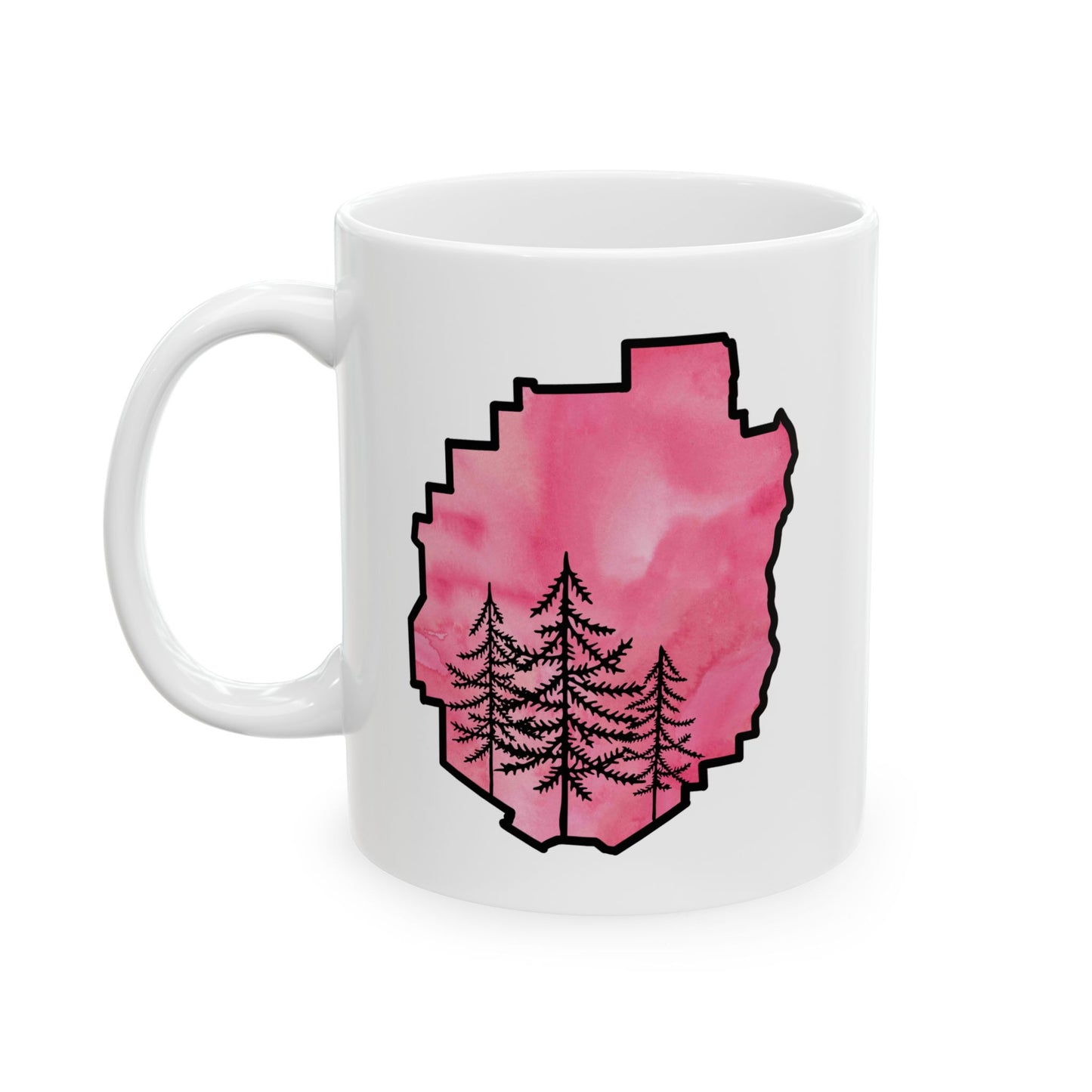 Adirondack Park Watercolor Mug – Pine Tree Forest Pink Watercolor Design  (11 oz or 15 oz)