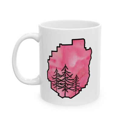 Adirondack Park Watercolor Mug – Pine Tree Forest Pink Watercolor Design  (11 oz or 15 oz)