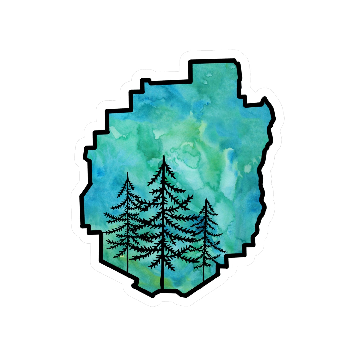 Adirondack Park Pine Tree Silhouette Vinyl Sticker – Green Watercolor – Car, Laptop Decal