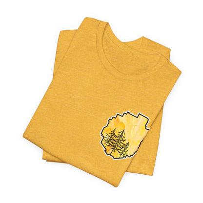 Adirondack Park Watercolor T-Shirt – Pine Tree Silhouette Design, Yellow Watercolor| Bella+Canvas Tee