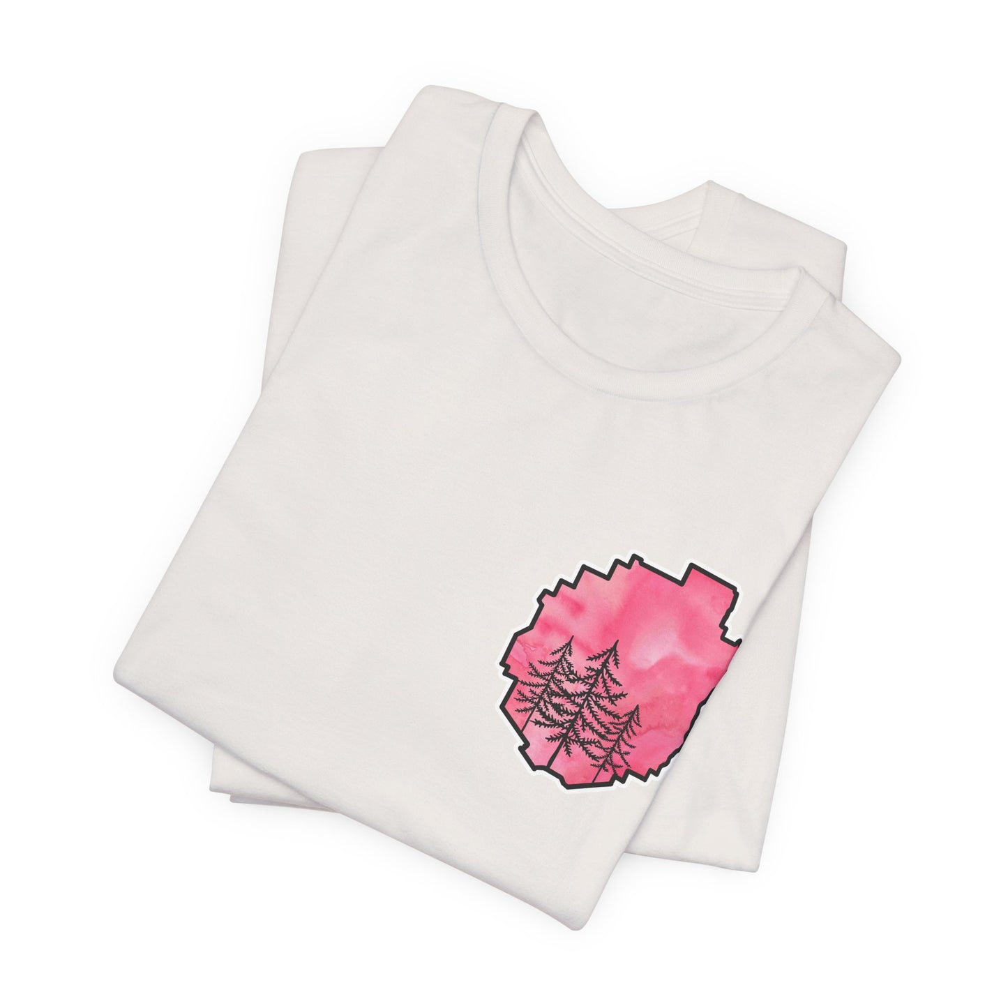 Adirondack Park Watercolor T-Shirt – Pine Tree Silhouette Design, Pink Watercolor| Bella+Canvas Tee