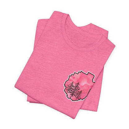 Adirondack Park Watercolor T-Shirt – Pine Tree Silhouette Design, Pink Watercolor| Bella+Canvas Tee