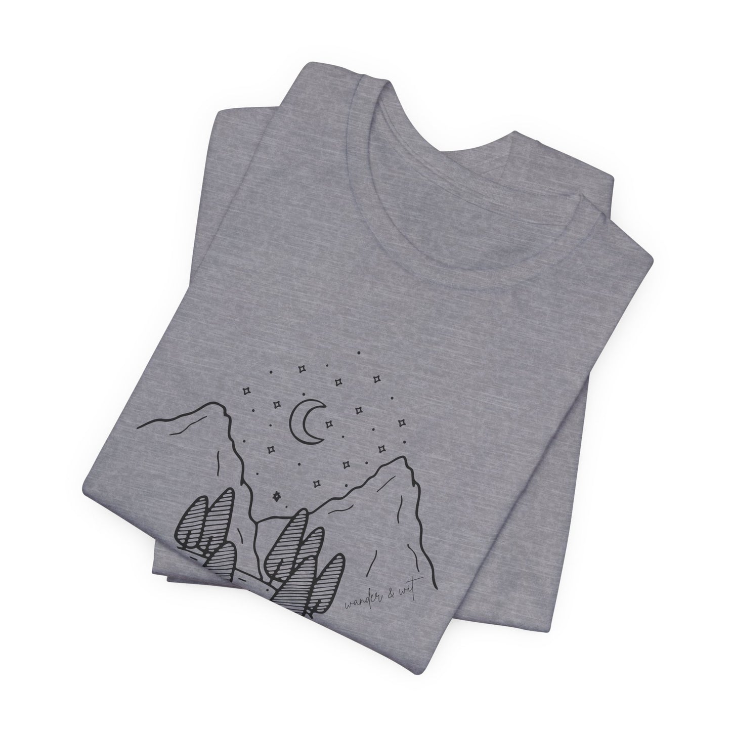 Minimalist Mountain & Moon T-Shirt – Line Art Nature Scene | Bella+Canvas Tee