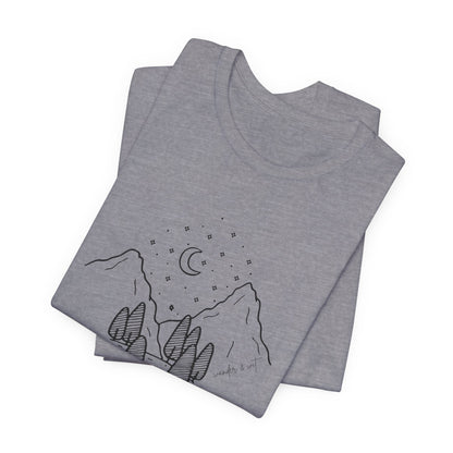 Minimalist Mountain & Moon T-Shirt – Line Art Nature Scene | Bella+Canvas Tee