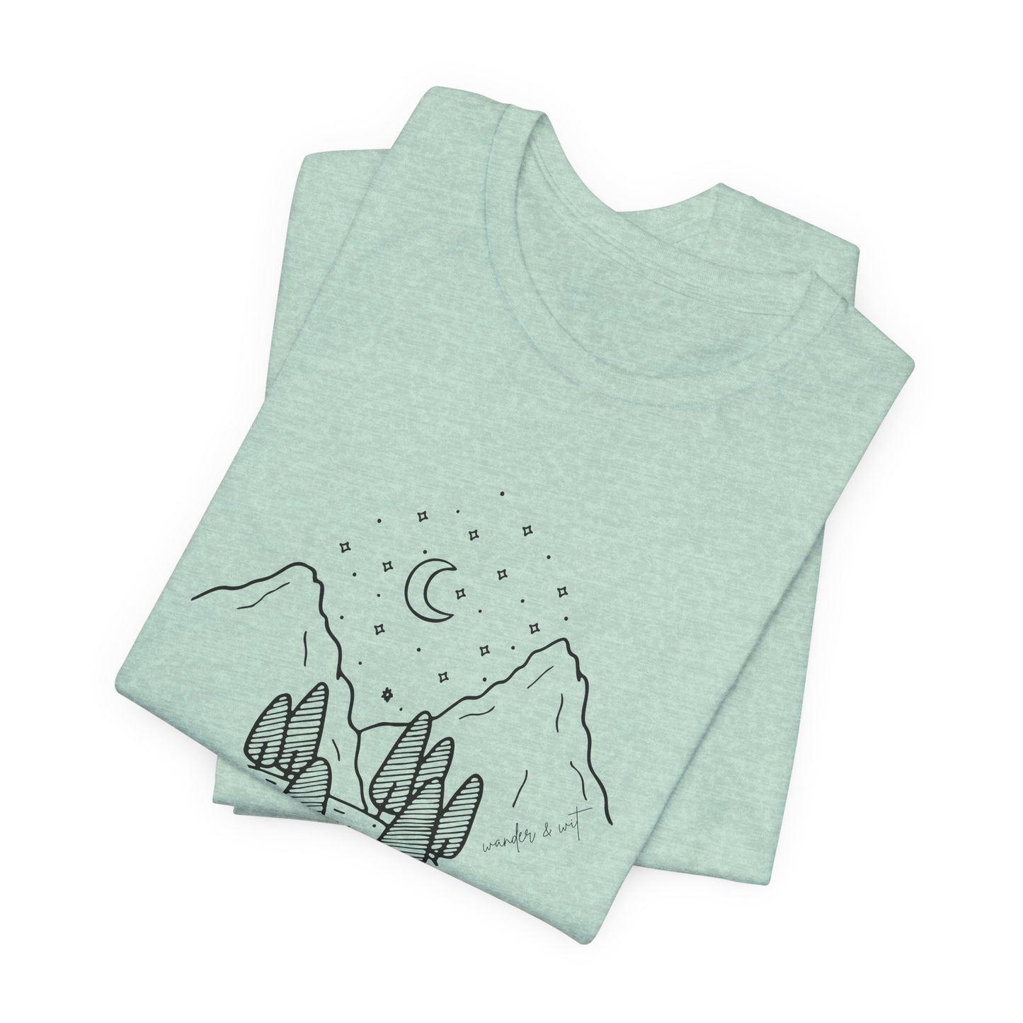 Minimalist Mountain & Moon T-Shirt – Line Art Nature Scene | Bella+Canvas Tee