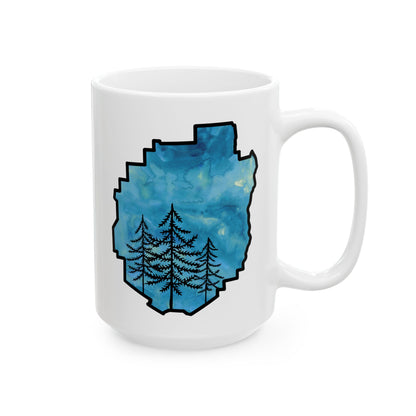 Adirondack Park Watercolor Mug – Pine Tree Forest Blue Watercolor Design  (11 oz or 15 oz)