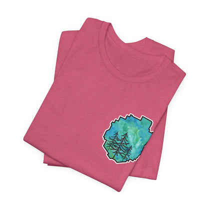 Adirondack Park Watercolor T-Shirt – Pine Tree Silhouette Design, Green Watercolor| Bella+Canvas Tee