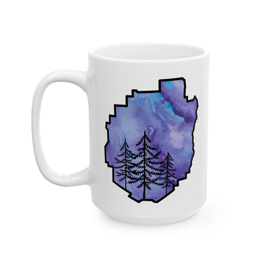 Adirondack Park Watercolor Mug – Pine Tree Forest Purple Watercolor Design  (11 oz or 15 oz)
