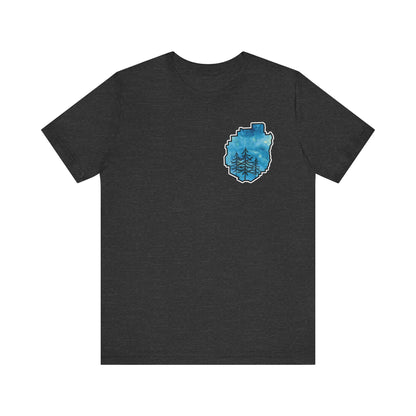 Adirondack Park Watercolor T-Shirt – Pine Tree Silhouette Design, Blue Watercolor| Bella+Canvas Tee