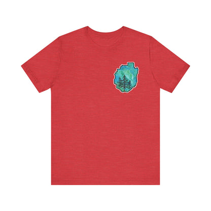 Adirondack Park Watercolor T-Shirt – Pine Tree Silhouette Design, Green Watercolor| Bella+Canvas Tee