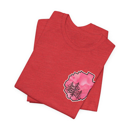 Adirondack Park Watercolor T-Shirt – Pine Tree Silhouette Design, Pink Watercolor| Bella+Canvas Tee