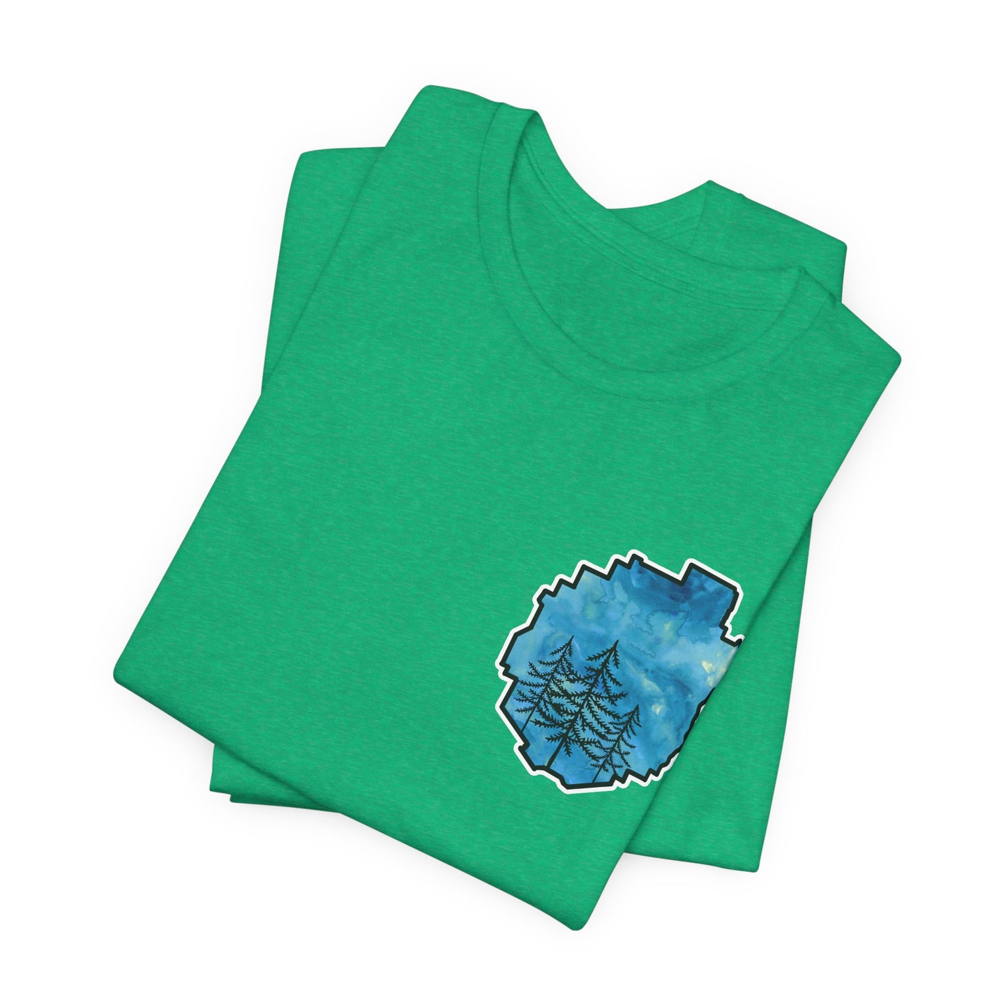 Adirondack Park Watercolor T-Shirt – Pine Tree Silhouette Design, Blue Watercolor| Bella+Canvas Tee