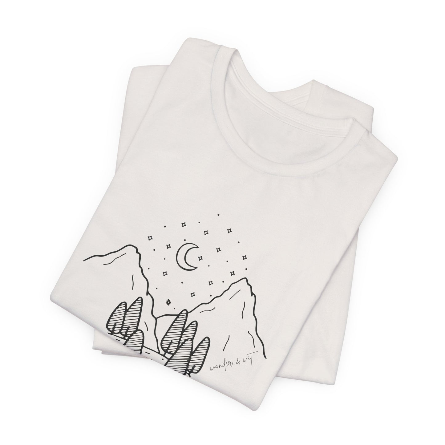 Minimalist Mountain & Moon T-Shirt – Line Art Nature Scene | Bella+Canvas Tee