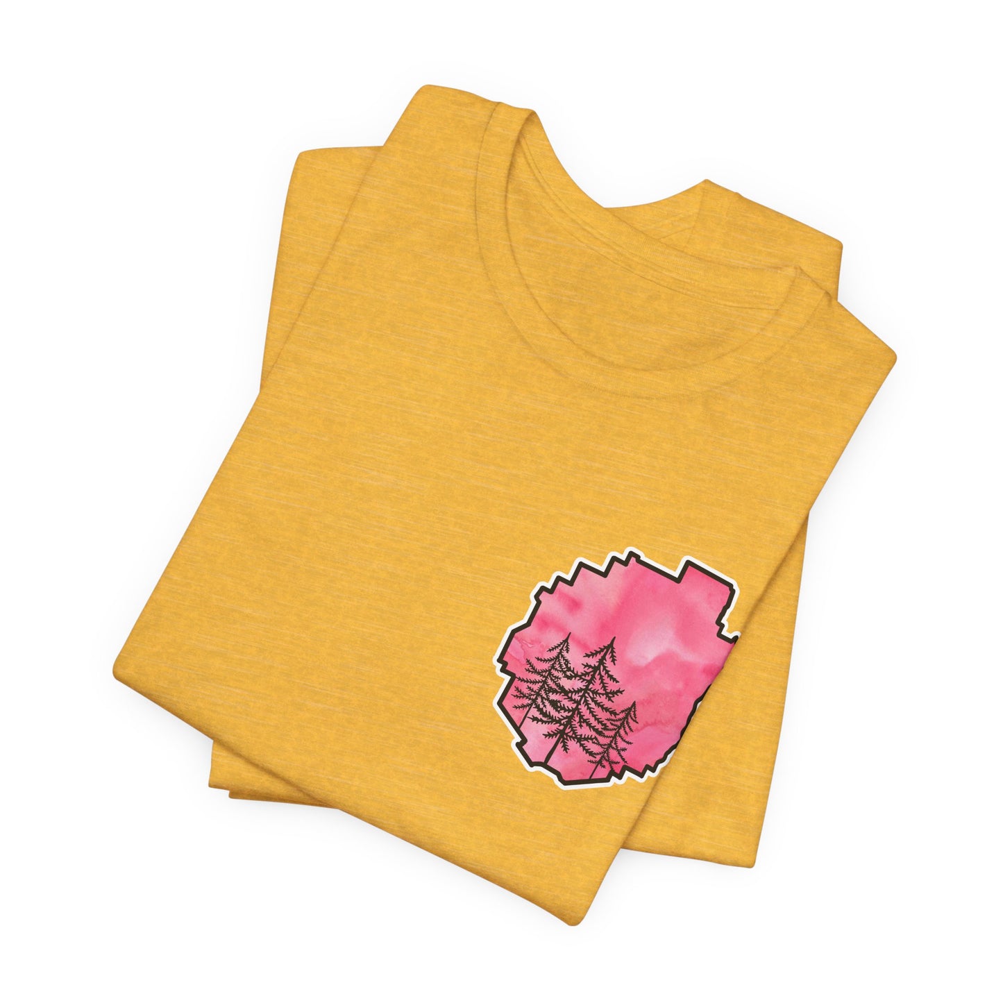 Adirondack Park Watercolor T-Shirt – Pine Tree Silhouette Design, Pink Watercolor| Bella+Canvas Tee